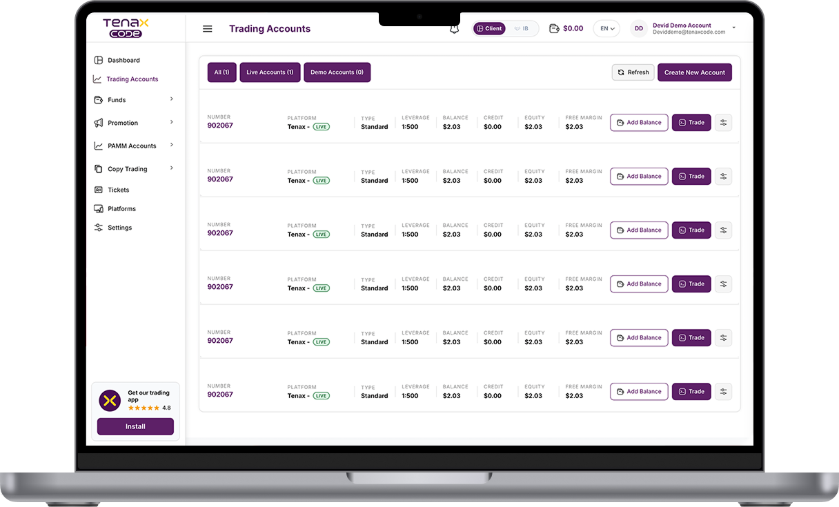 Trading accounts list with balance, equity and margin